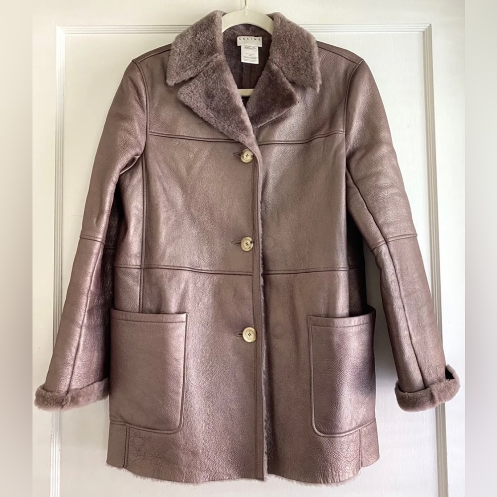 Celine Leather Shearling Metallic Coat Jacket Size 40